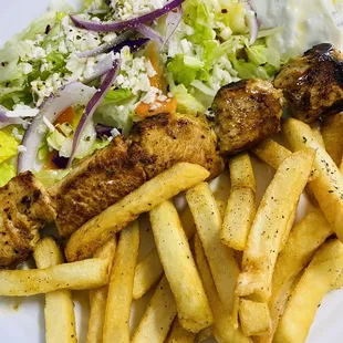 Chicken Kabob, Fries, and Greek Salad