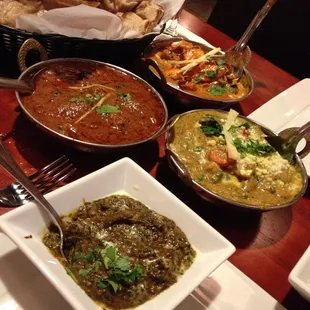 Delightful dinner at Royal India:  Saag, Navratan Korma, Butter Chicken and Lamb with Naan.