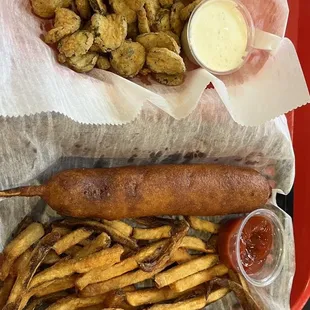 Fried pickles, corn dog and fries.