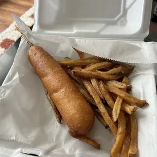 Corn dog, fries