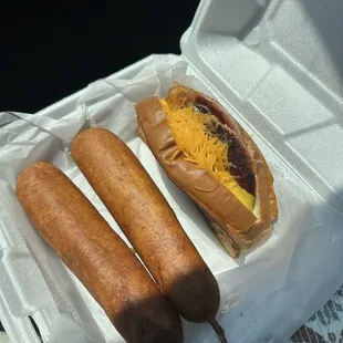 Corn dogs and bologna sandwich