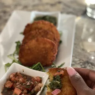 Fried Green Tomatoes with Pesto and Salsa