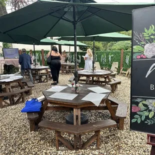 tables and umbrellas at a wedding