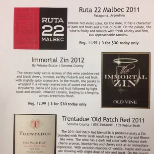 Today's wine tasting choices.