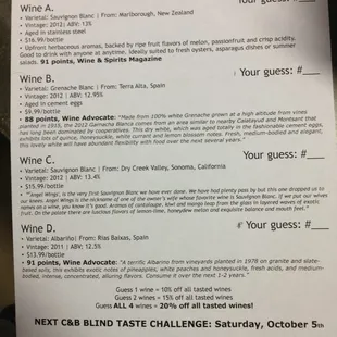 Sept. 7 blind wine tasting challenge