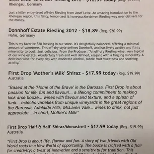 Today's wine tasting notes