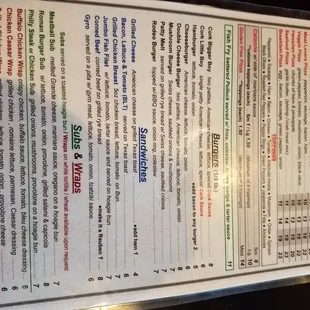 menu pizza, burgers, sandwiches, subs and wraps
