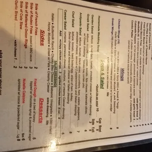 menu apps, wings, soups, salads and sides