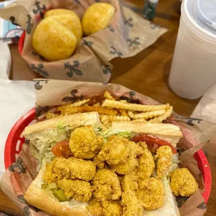 Fried shrimp Poboy and butter honey rolls