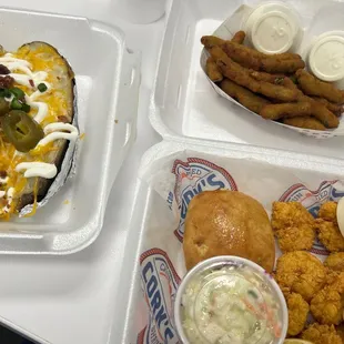 Side loaded baked potato, fried green beans, shrimp platter
