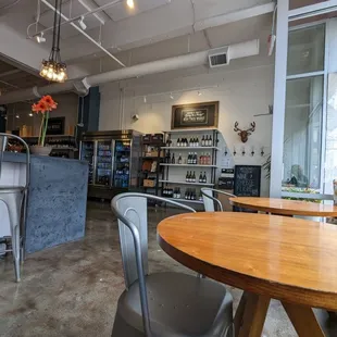 a table and chairs in a restaurant