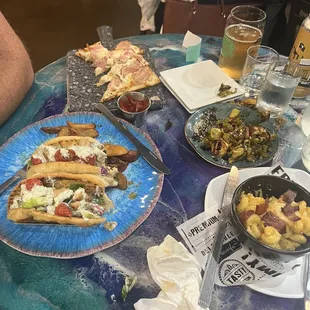 Greek tacos, Mac and cheese, brussel sprouts, porchetta me honey flatbread