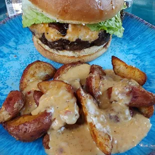 Steak burger with pimento cheese fries.
