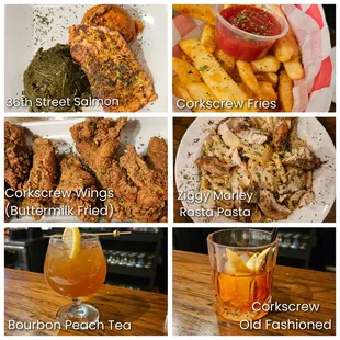 1&apos;10&apos;2025 Corkscrew Wings (Plain), Fries, Ziggy Marley Rasta Pasta, 36th St Salmon, Bourbon Peach Tea, &amp; Old Fashioned.