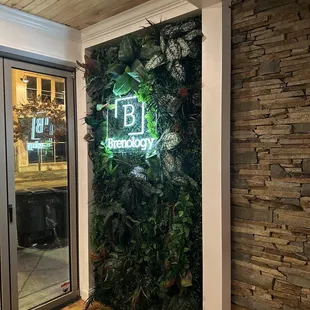 a green wall with plants and a neon sign
