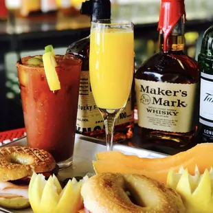 a tray of food and drinks