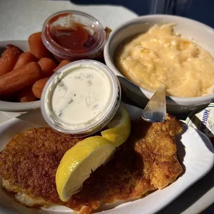 Lunch special:  crab stuffed fish, cheese grits, carrots $15.25 +t/t