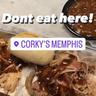 Corn on the Cob Baked Beans bbq Pulled Pork Dinner for Ribs &amp; 1/4 Chicken Combo (out of beef, wouldn&apos;t let us combine ribs)