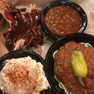 Pulled pork / spaghetti combo!  It was good, too.  But for some reason, I&apos;m not a big fan of the beans.