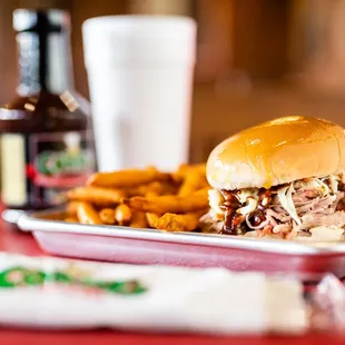 Get a Brentwood combo! Pulled pork sandwich, fries and a soft drink!