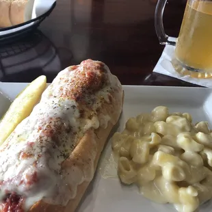 Meatball hoagie, white cheddar Mac-n-cheese.  Sam Adams Summer Ale
