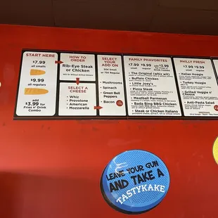 menu for ordering