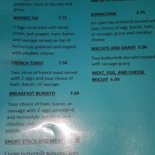 Breakfast menu
