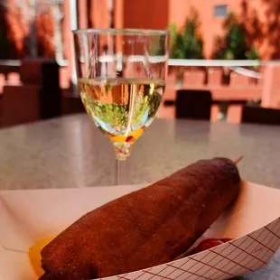 Hot link corn dog &amp; wine, we fancy