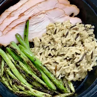Smoke turkey breast, wild rice, and blistered beans for meal prep