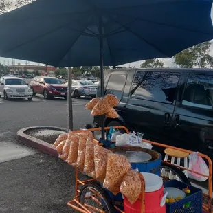 a corn cart with a blue umbrella
