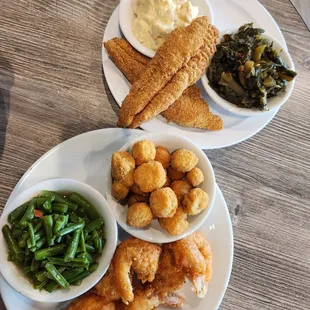 Biloxi Shrimp (grilled is better), fried okra with green beans. Louisiana Catfish