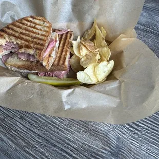 a sandwich and chips