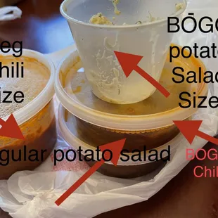 Regular size chili on left &amp; two BOGO chili right. BOGO potato salad container too