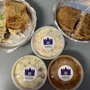 Veggie Ruben, Ruben, Potato Salad, Coleslaw, and Chili.