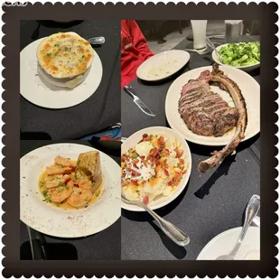 Louisiana Shrimp, French Onion Soup, and The Chefs Tomahawk Special- loaded mash potatoes- broccoli cooked to prefection