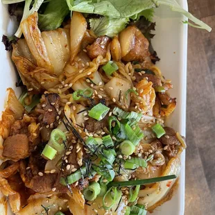 Spicy kimchi with pork belly and noodles