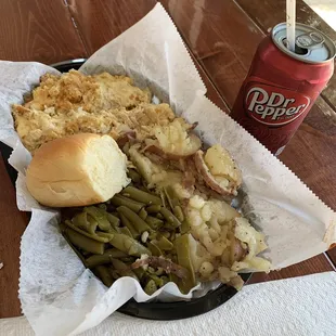 Lunch special. Ritz Chicken Casserole, buttery potatoes, and green beans.