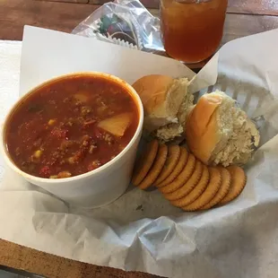 Chicken salad and a giant bowl of vegetable soup! Chocolate covered strawberry for a great ensemble!