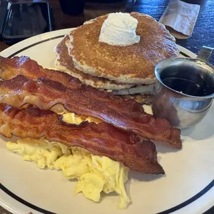 Pancake, egg and bacon combo