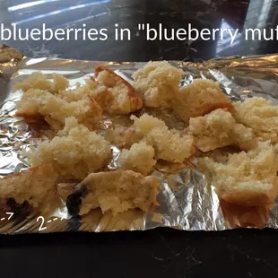Blueberry Muffin with exactly 2 blueberries
