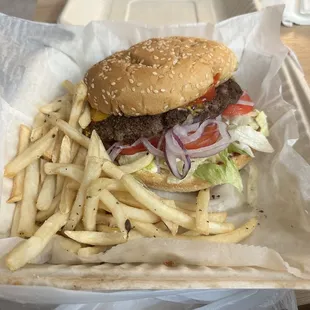a hamburger and french fries