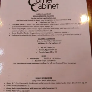 the menu for the dining room
