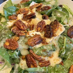 Warm Brie salad and this is the adult portion. Love the warm, brie cheese, and the candy pecans. Excellent.