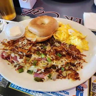 Corn beef hash  with bagel