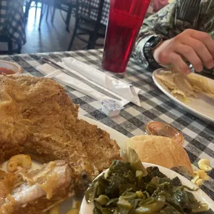 Pork chops!! Homemade Mac and Cheese... collards