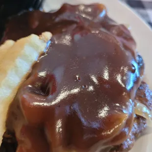 Hamburger Steak with onions and mushrooms.