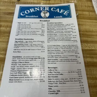 the menu for the corner cafe