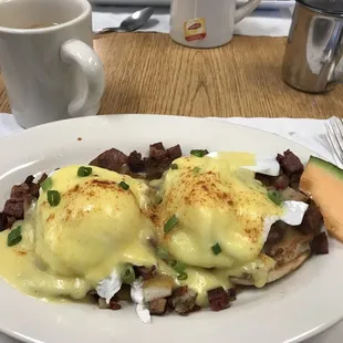 Another amazing breakfast experience. This time Eggs Benedict on toasted English Muffin with homemade hash. Fantastic!