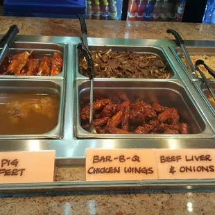 Bbq pork ribs and pig feet, beef liver &amp; onions and BBQ chicken wings, friend rice and Lome in noodles