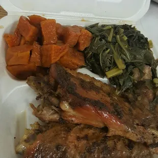 Turkey  Wings,  sweet potatoes and collard greens.